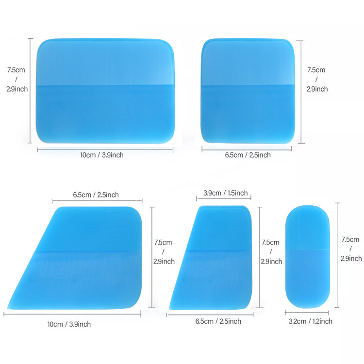 Detail of a blue round edge PPF squeegee from the kit, emphasizing the precision edge for effective film smoothing. with sizes