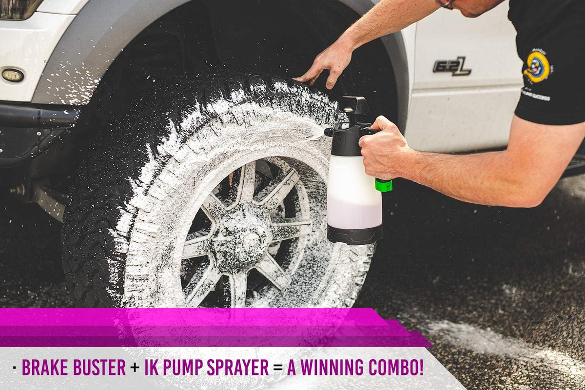 Close-up of a wheel being cleaned with P&S Brake Buster, demonstrating the cleaner's effective dirt penetration.