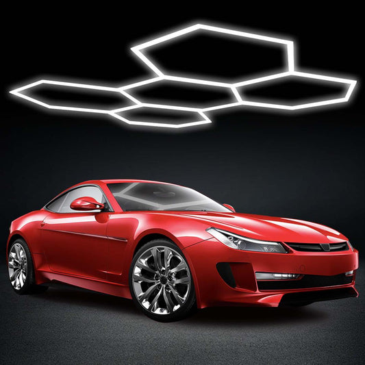 Car illuminated under the elegant Nexus Hexa Light SHX04 in a garage, showcasing the pure white LED glow.