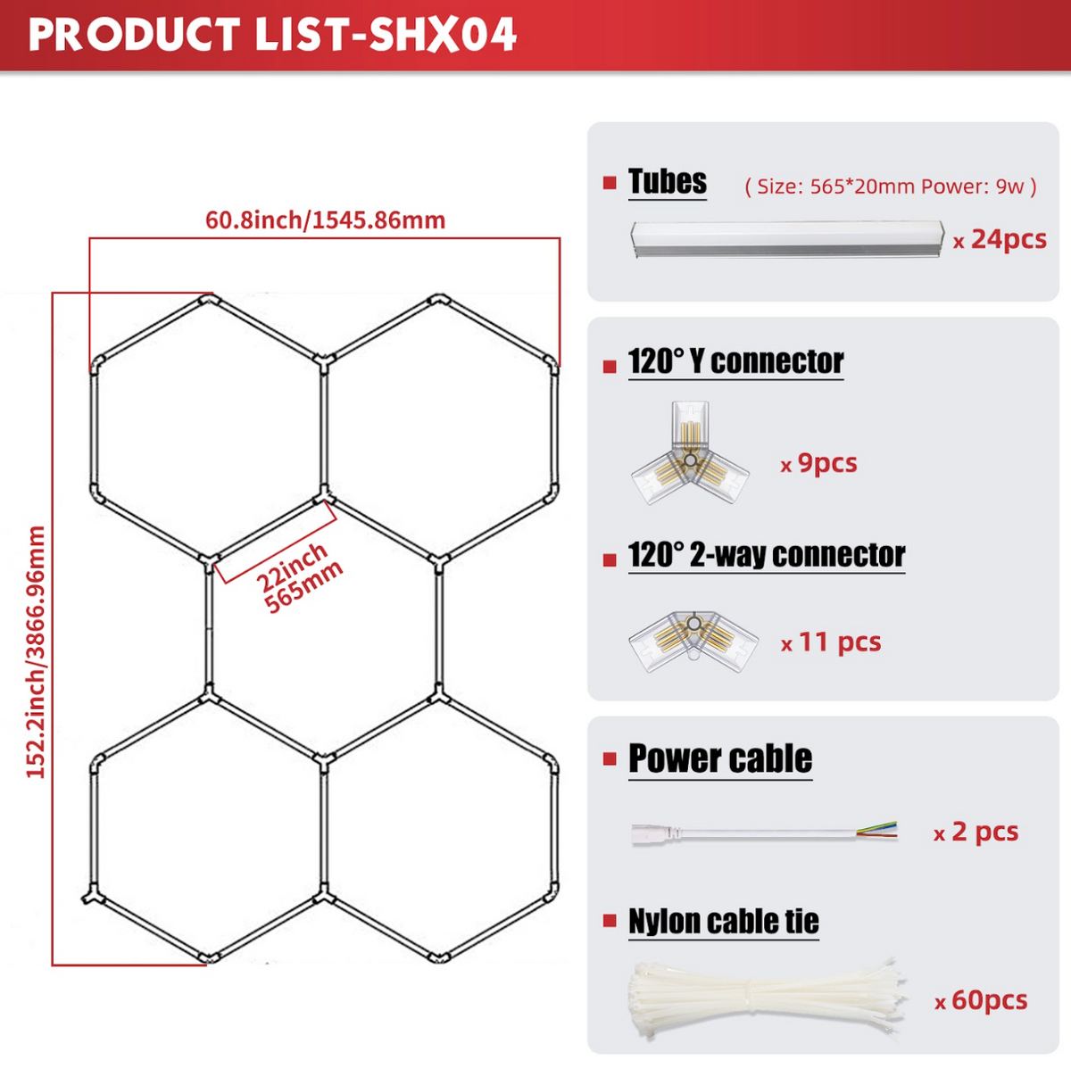 Dimensional illustration of the Nexus Hexa Light SHX04, showing its 5ft by 12.7ft size for optimal garage coverage.