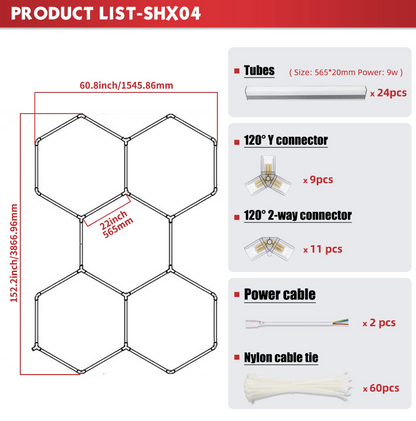 Dimensional illustration of the Nexus Hexa Light SHX04, showing its 5ft by 12.7ft size for optimal garage coverage.