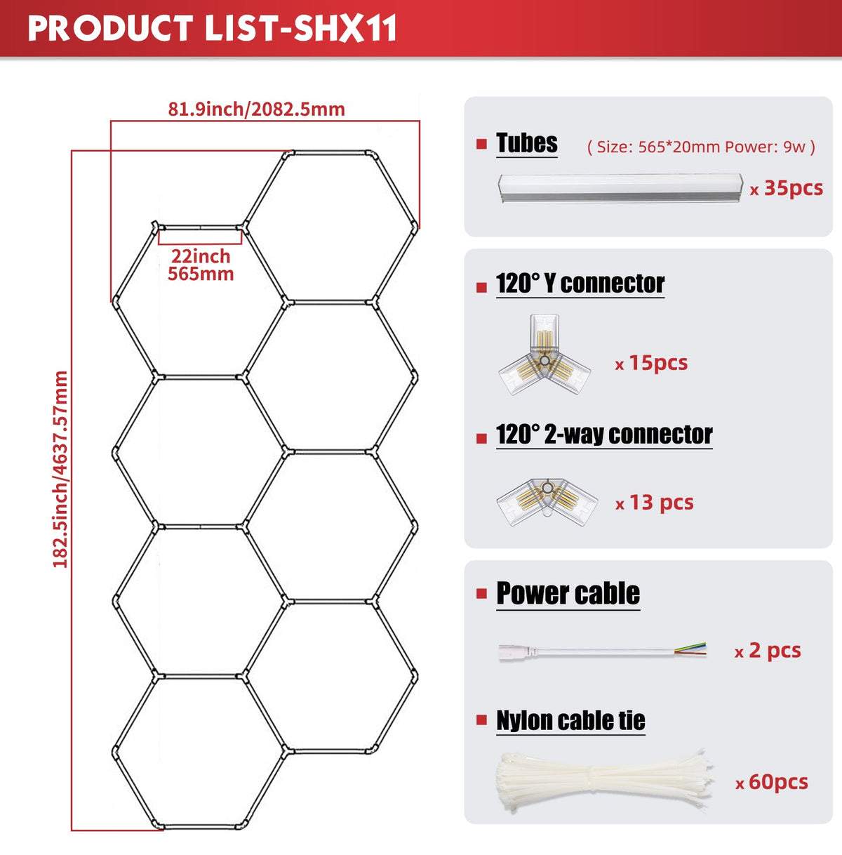 Nexus Hexa Light SHX11 dimensions illustrated, emphasizing its large coverage area for superior garage lighting.