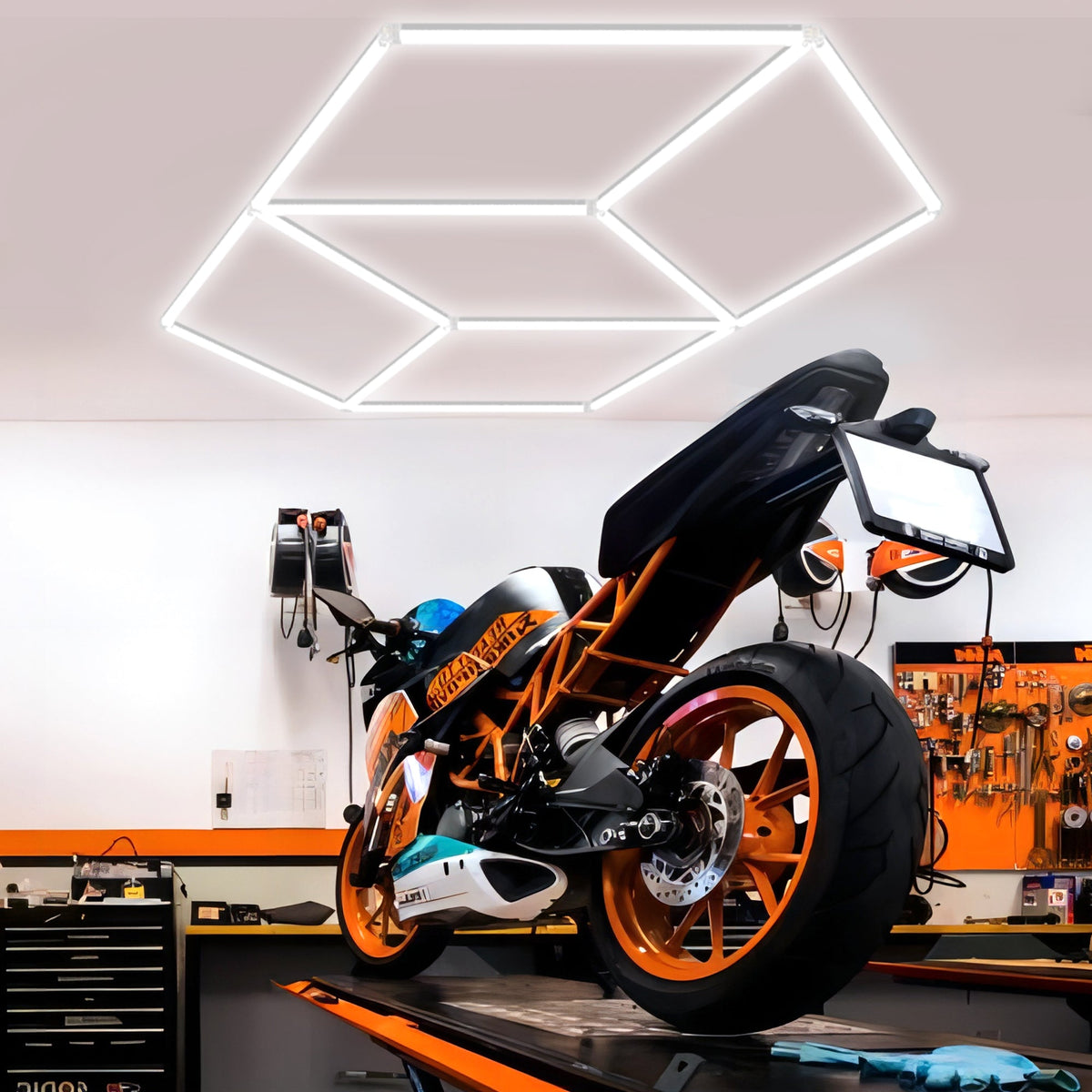 Serenity HexaLED Versatile Light ST6120 in a modern garage, showcasing its ability to brighten and modernize automotive spaces.