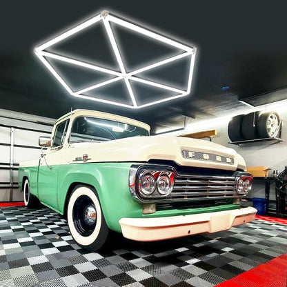 Serenity HexaLED Versatile Light ST6120 illuminating a garage, showcasing its adaptability and bright, ambient light.